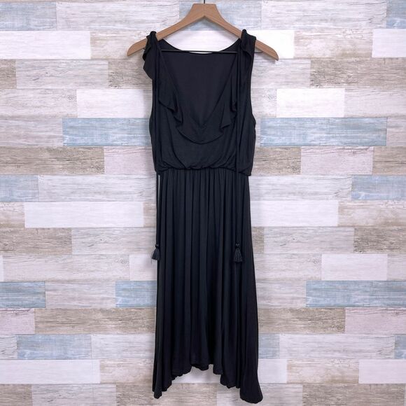 LOFT Dresses & Skirts - LOFT Ruffle V Back Dress Black Tasseled Stretch Jersey Knit Casual Womens XS